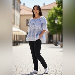 Blue and White Embroidered On/Off-Shoulder Top NWOT